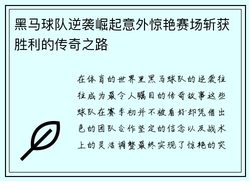 黑马球队逆袭崛起意外惊艳赛场斩获胜利的传奇之路