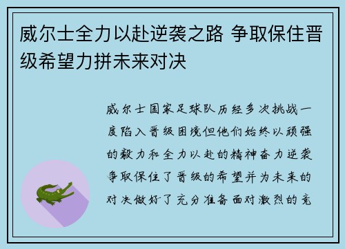 威尔士全力以赴逆袭之路 争取保住晋级希望力拼未来对决