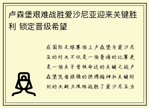 卢森堡艰难战胜爱沙尼亚迎来关键胜利 锁定晋级希望