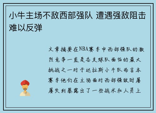 小牛主场不敌西部强队 遭遇强敌阻击难以反弹