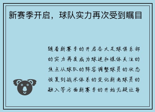 新赛季开启，球队实力再次受到瞩目