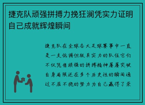 捷克队顽强拼搏力挽狂澜凭实力证明自己成就辉煌瞬间